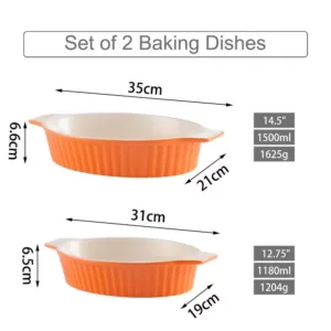 MALACASA 2-Piece Orange Oval Porcelain Bakeware Set 12.75 in. and 14.5 in. Baking Pans