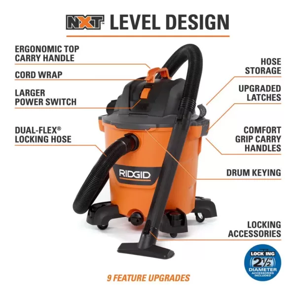 RIDGID 12 Gal. 5.0-Peak HP NXT Wet/Dry Shop Vacuum with Filter, Hose and Accessories