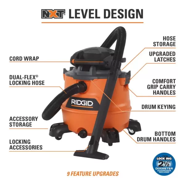 RIDGID 16 Gal. 6.5-Peak HP NXT Wet/Dry Shop Vacuum with Detachable Blower, Filter, Hose, Accessories and Car Cleaning Kit