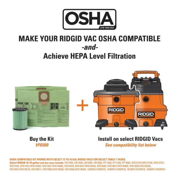 RIDGID 16 Gal. 6.5-Peak HP NXT Wet/Dry Shop Vacuum, Filter, Hose, Accessories, OSHA and HEPA Filtration Kit