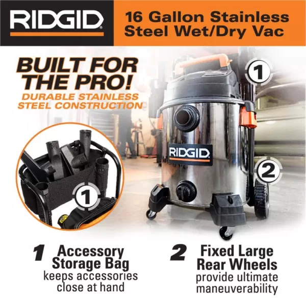 RIDGID 16 Gal. 6.5-Peak HP Stainless Steel Wet/Dry Shop Vac with Filter, 7 ft. Hose, 10 ft. Pro Hose and Accessories
