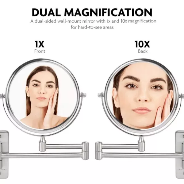 Ovente Small Round Wall Mounted Nickel Brushed Makeup Mirror (11 in. H x 1.4 in. W), 1x-10x Magnification