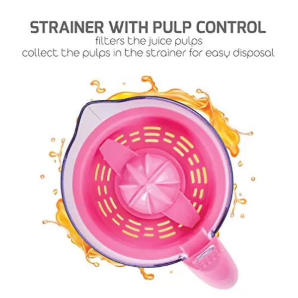 Ovente 34 oz. Pink Electric Citrus Juicer 2 Auto-Reversing Cones Capacity, Pressure-Activated, Strainer, Pulp Control