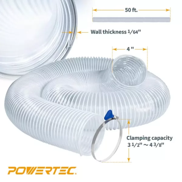 POWERTEC 4 in. x 50 ft. Flexible PVC Dust Collection Hose with 2 Key Hose Clamps, Clear Color