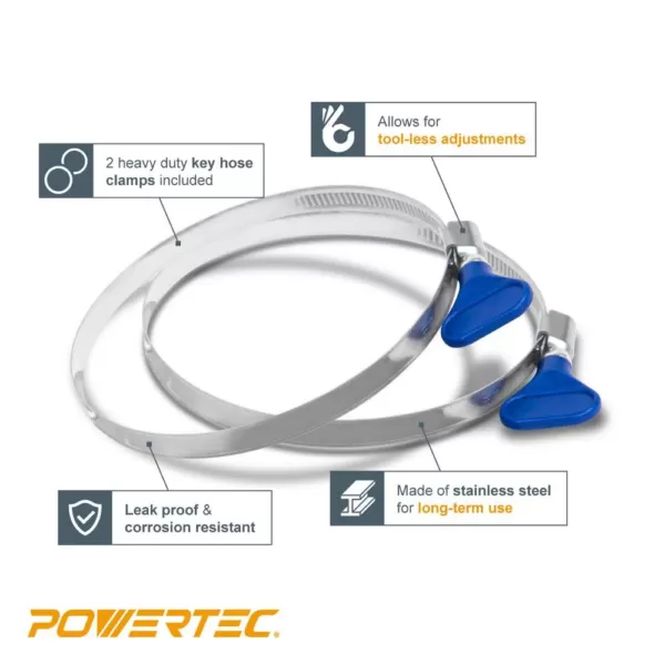 POWERTEC 4 in. x 50 ft. Flexible PVC Dust Collection Hose with 2 Key Hose Clamps, Clear Color