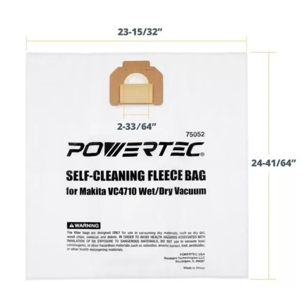 POWERTEC Self-Cleaning Fleece Bag Replacement for Makita VC4710 Wet/Dry Vacuum (5-Pack)