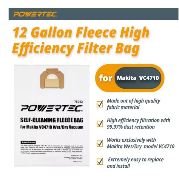 POWERTEC Self-Cleaning Fleece Bag Replacement for Makita VC4710 Wet/Dry Vacuum (5-Pack)