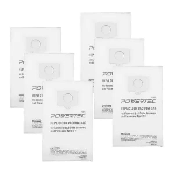 POWERTEC HEPA Cloth Vacuum Bag Replacement for Kenmore Q and C Style Vacuums, and Panasonic Type C-5 (6-Pack)