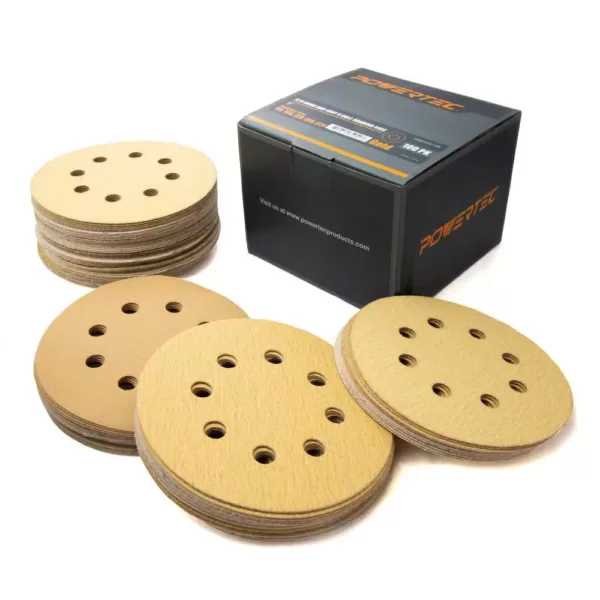 POWERTEC 5 in. A/O Hook and Loop 8-Hole Sanding Disc Assortment Grits in Gold (100-Pack)