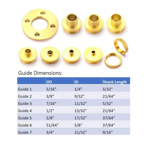 POWERTEC 10-Piece Solid Brass Template Guide Kit with Adaptor Includes 7 Router Guides and 2 Lock Nuts and Adaptor
