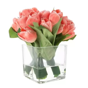 Pure Garden Tulip Floral Arrangement with Vase and Faux Water
