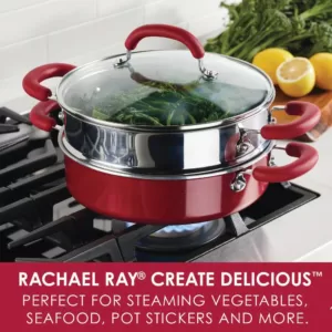 Rachael Ray 3 qt. Create Delicious Aluminum Nonstick Steam Set, Red Shimmer