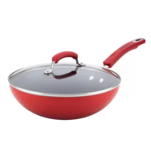 Rachael Ray Classic Brights 11 in. Aluminum Nonstick Stir Fry Pan in Red Gradient with Glass Lid