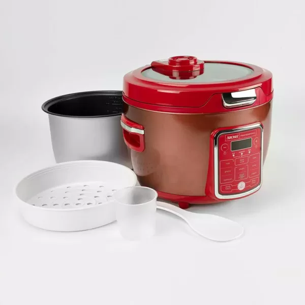 AROMA 20-Cup Red Rice Cooker with Glass Lid