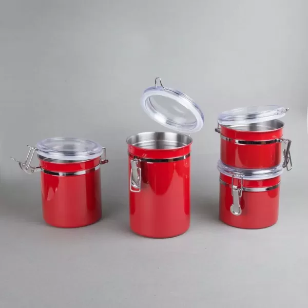 Creative Home Set of 4-Pieces Red Stainless Steel Canister Storage Container with Air Tight Lid and Locking Clamp