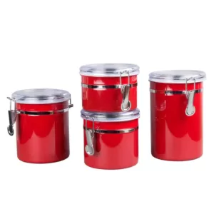 Creative Home Set of 4-Pieces Red Stainless Steel Canister Storage Container with Air Tight Lid and Locking Clamp