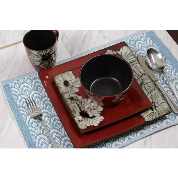 Elama Winter Bloom 16-Piece Asian Inspired Red Earthenware Dinnerware Set (Service for 4)