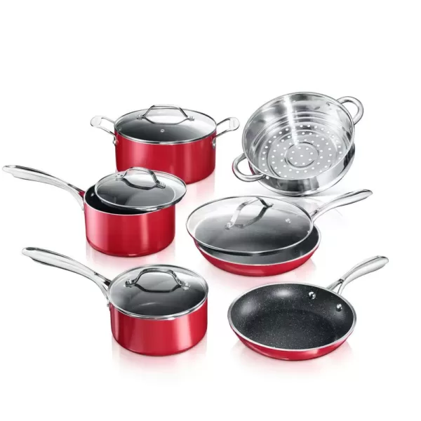 GRANITESTONE 10-Piece Aluminum Red Ultra-Durable Non-Stick Diamond Infused Cookware Set with Glass Lids