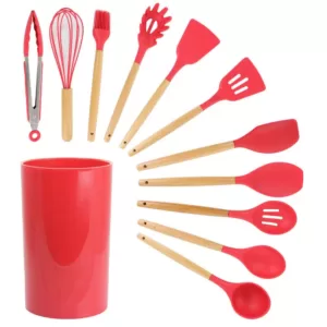 MegaChef Red Silicone and Wood Cooking Utensils (Set of 12)