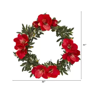 Nearly Natural 21 in. Olive with Amaryllis Artificial Wreath