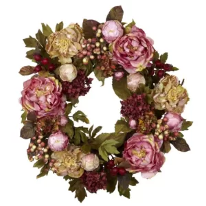 Nearly Natural 24.0 in. H Red Peony Hydrangea Wreath