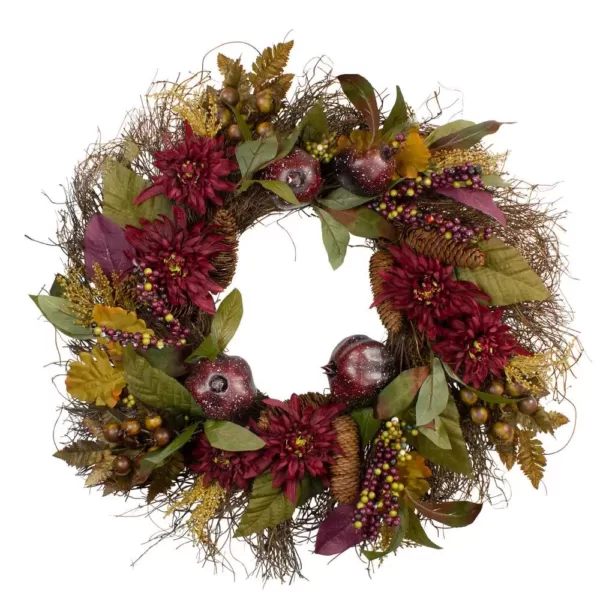 Northlight 28 in. Unlit Burgundy Mums and Pomegranate Spiral Vine Wreath