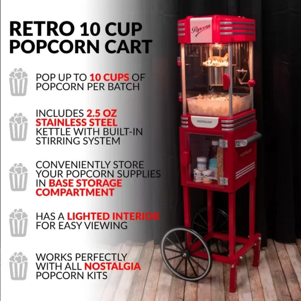 Nostalgia Retro 300 W 2.5 oz. Red Popcorn Cart with Lighted Interior