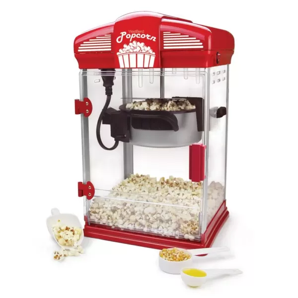 West Bend 4-Quart Red Hot Oil Movie Theater Style Popcorn Popper Machine with Nonstick Kettle Includes Measuring Cup and Scoop