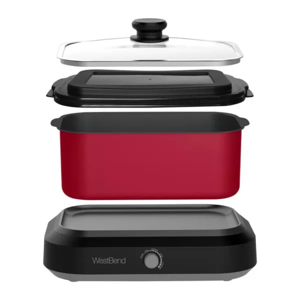 West Bend 5 qt. Red Non-Stick Versatility Slow Cooker with 5-Temperature Settings Includes Travel Lid and Thermal Tote