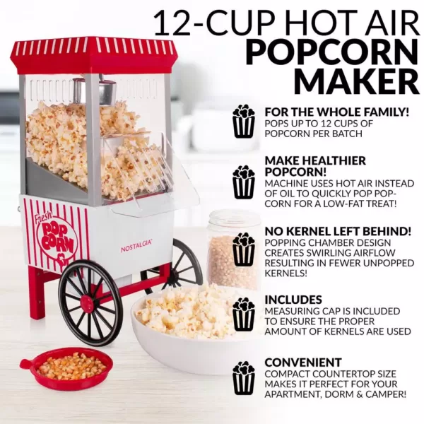 Nostalgia Old Fashioned 1040 W 12-Cup Red Hot Air Popcorn Maker with Measuring Cup