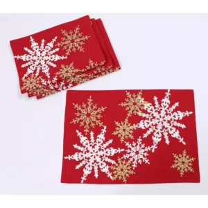 Manor Luxe 14 in. x 20 in. Red Magical Snowflakes Crewel Embroidered Christmas Placemats (Set of 4), Polyester