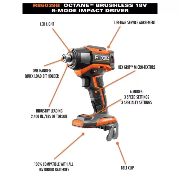 RIDGID 18-Volt OCTANE Brushless Cordless 6-Mode 1/4 in. Impact Driver (Tool Only)