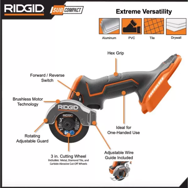 RIDGID 18-Volt SubCompact Lithium-Ion Brushless Cordless 3/8 in. Impact Wrench and 3 in. Multi-Material Saw (Tools Only)