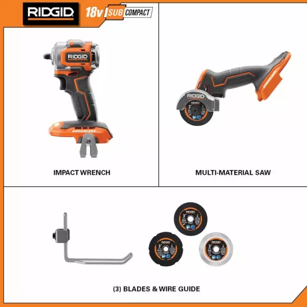 RIDGID 18-Volt SubCompact Lithium-Ion Brushless Cordless 3/8 in. Impact Wrench and 3 in. Multi-Material Saw (Tools Only)