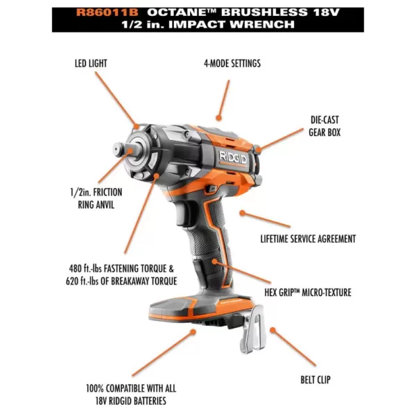 RIDGID 18-Volt Lithium-Ion Brushless Cordless OCTANE 1/2 in. Impact Wrench and LED Mat Light Kit (Tools Only)