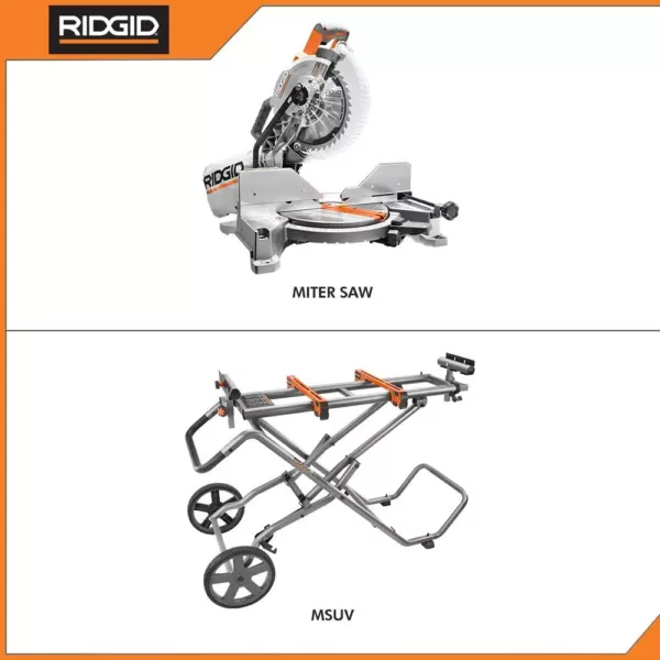 RIDGID 15 Amp 10 in. Dual Miter Saw with LED Cut Line Indicator with Universal Mobile Miter Saw Stand with Mounting Braces