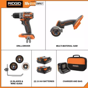 RIDGID 18V SubCompact Lithium-Ion Brushless Drill Kit, 3 in. Multi-Material Saw with (2) 2.0 Ah Batteries, Charger, and Bag