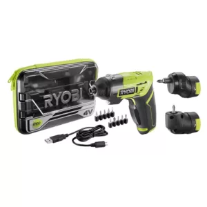 RYOBI 4V Lithium-Ion Cordless Multi-Head Screwdriver with (3) Head Attachments, (10) Driving Bits, and USB Charging Cable