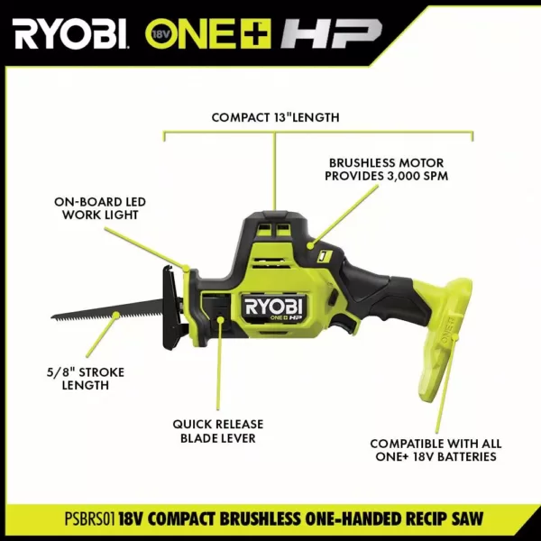 RYOBI ONE+ HP 18V Brushless Cordless Compact 3/8 in. Right Angle Drill and Compact One-Handed Reciprocating Saw (Tools Only)