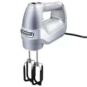 Hamilton Beach 7-Speed Electric Hand Mixer, Silver and Chrome, with SoftScrape Beaters, Whisk, Dough Hooks and Snap-On Storage Case