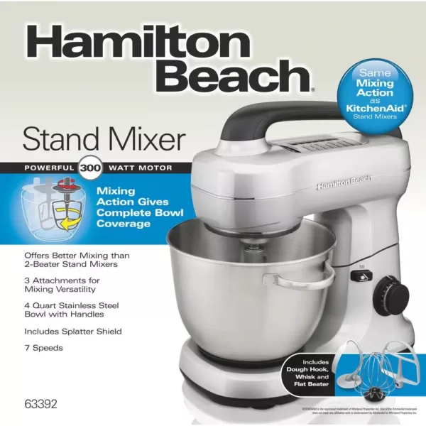 Hamilton Beach 4 Qt. 7-Speed Stainless Steel Stand Mixer with Flat Beater, Dough Hook and Whisk