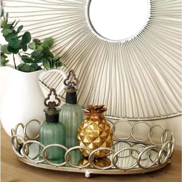 LITTON LANE Modern Silver Decorative Oval Ring Mirror Trays (Set of 2)