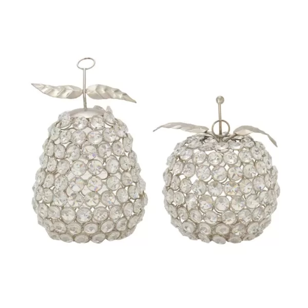LITTON LANE 7 in. Silver Metal and Acrylic Rhinestone Apple and Pear Decor (Set of 2)