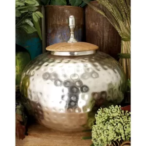 LITTON LANE 12 in. Silver Iron Urn-Type Squat Round Jar with Circular Oak Brown Wood Lid
