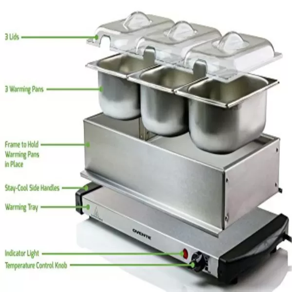 Ovente Mini 3-Tray Buffet Server and Food Warmer with Stand Alone Warmer Tray
