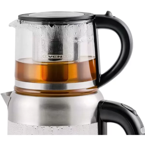 Ovente 7-Cup 1.7 l Silver Glass Electric Kettle with ProntoFill Technology-Fill Up with Lid On Glass Reusable Teapot Infuser