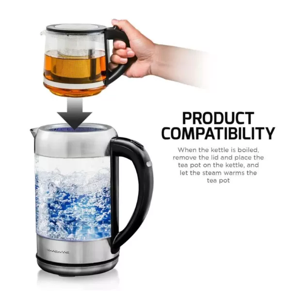 Ovente 7-Cup 1.7 l Silver Glass Electric Kettle with ProntoFill Technology-Fill Up with Lid On Glass Reusable Teapot Infuser