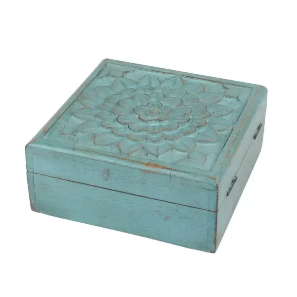 Stonebriar Collection 6 in. x 2.5 in. Weathered Sky Blue Wooden Box with Hinges and Carved Floral Design