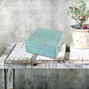Stonebriar Collection 6 in. x 2.5 in. Weathered Sky Blue Wooden Box with Hinges and Carved Floral Design