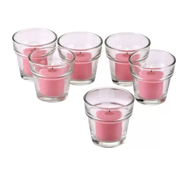 Light In The Dark Clear Glass Flower Pot Votive Candle Holders with Soft Pink Votive Candles (Set of 12)
